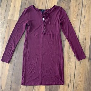 Burgundy mini dress with tie up in breast area